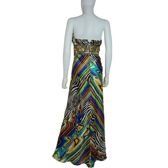 Cache Liquid Satin Formal Prom Dress Zebra Multicolored Stripes Beaded Women's 2 - Picture 4 of 6